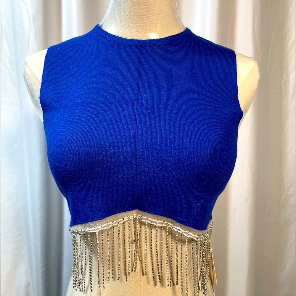 Blue tank top sleeveless crop top withsparkle Fringe in front, size small